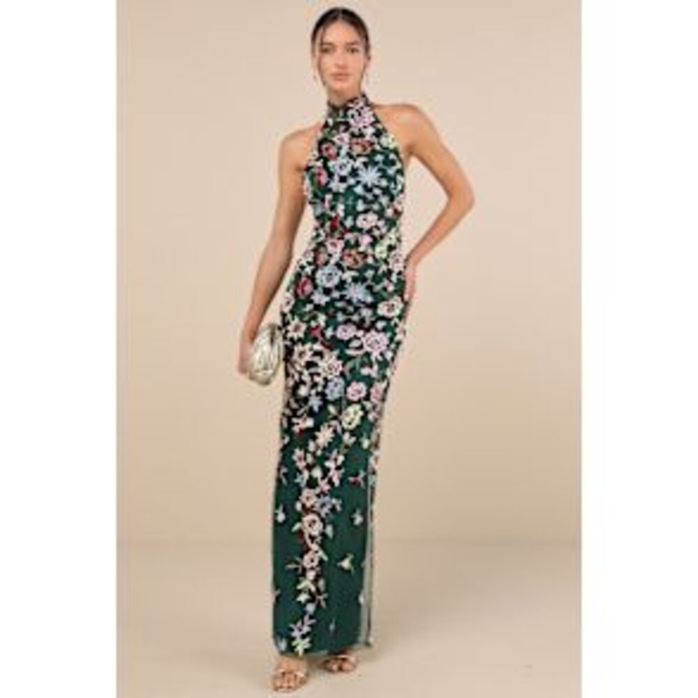 Lulu’s Infinite Praise Emerald 3D Floral Embroidered Halter Maxi Dress